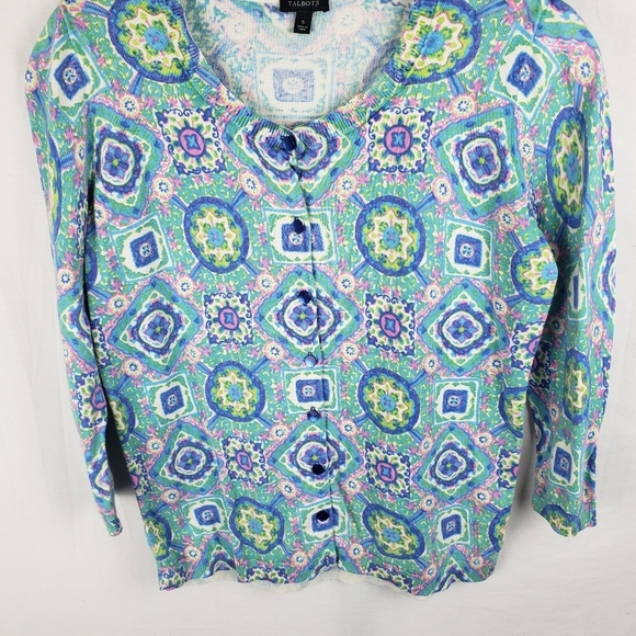 Talbot's Women's Multicolor Geometric Printed Long Sleeve Cardigan Sweater Sz S - Picture 2 of 8
